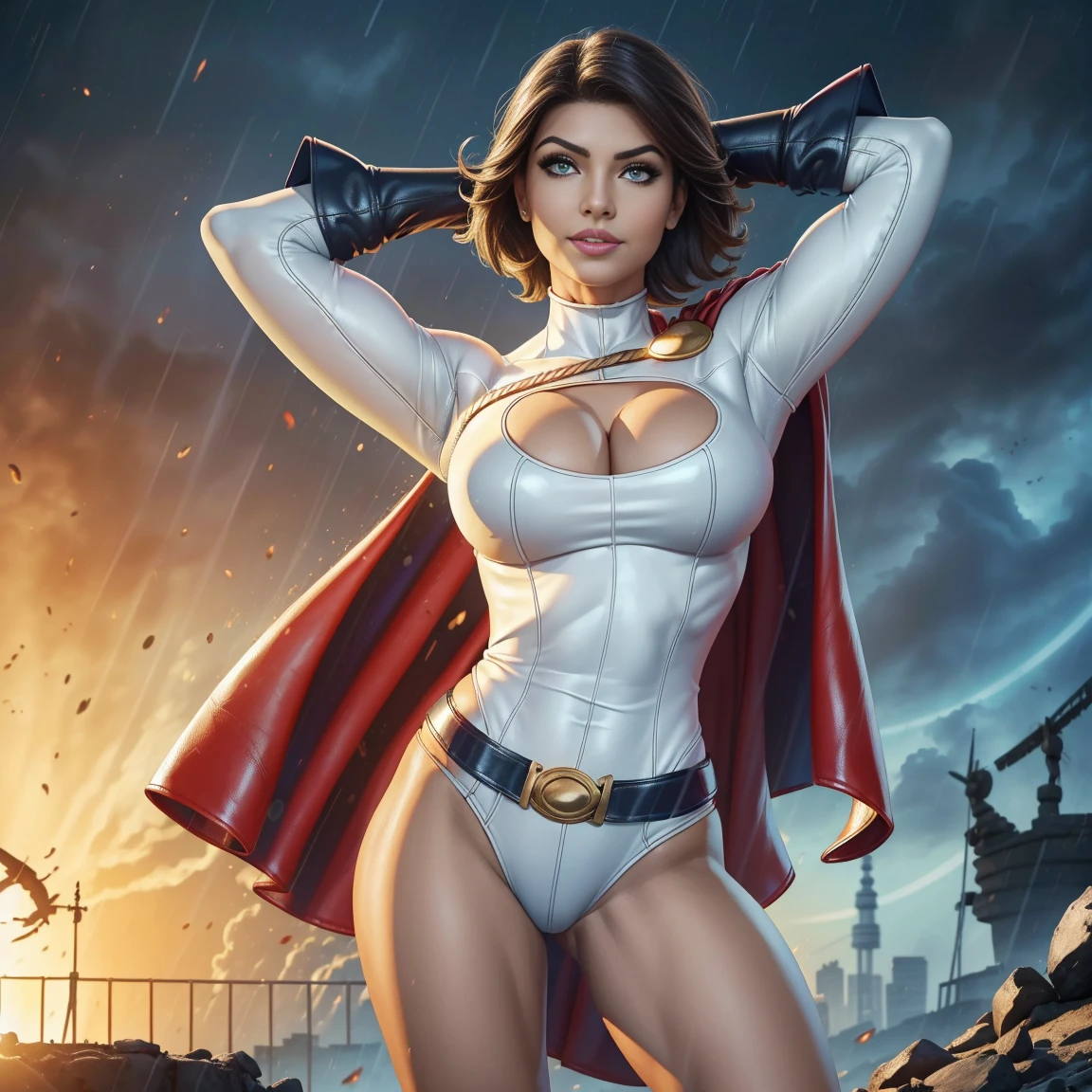 (mejor calidad, 4k, obra maestra :1.3),chica poderosa, (pechos masivos,pechos gigantescos,  cuerpo atractivo :1.2), abdominales :1.3, cabello corto rubio: 1.2, ((cuerpo empapado :1.2), Cara ultra detallada, labios detallados, ojos detallados, double eyelid, wearing her iconic leather powergirl costume and cape.. ((lloviendo fuertemente:1.1))