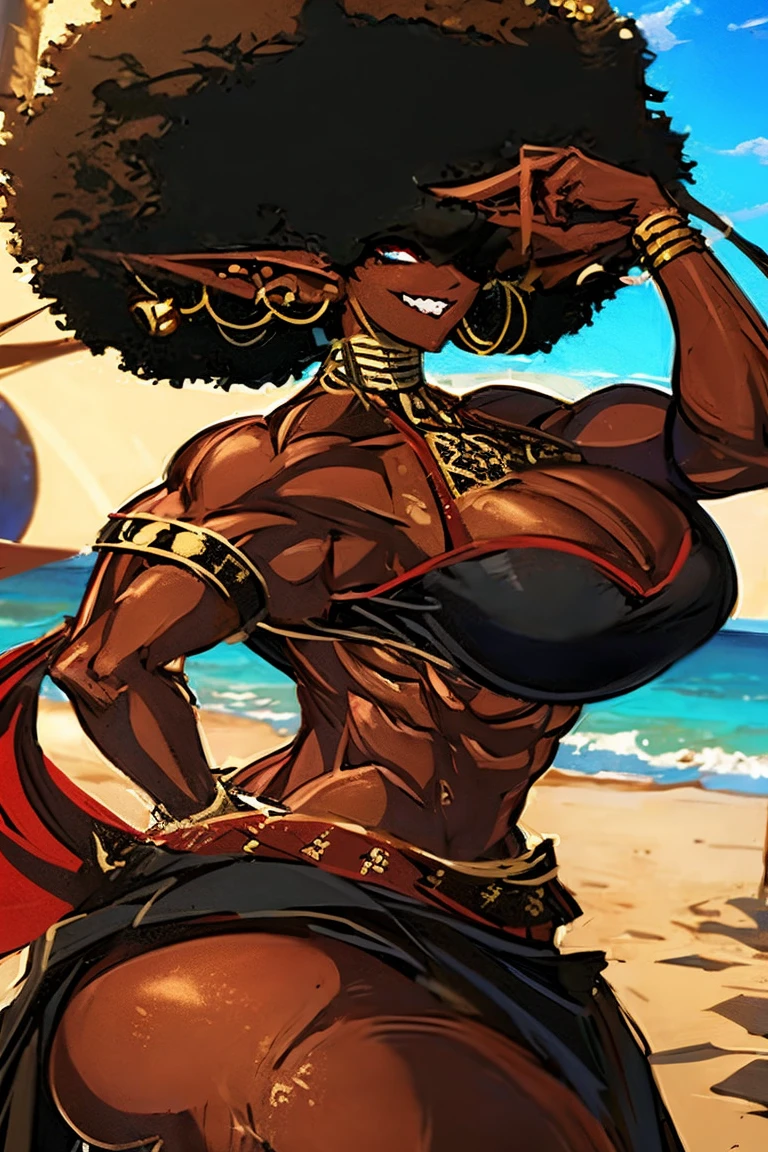(masterpiece, best quality:1.2),1 girl, voluptuous body, full body, masterpiece, dominant pose, good anatomy, no extra limbs, big ass, thick thighs, black hair, voluminous afro, pointy ears, gold earrings, black top with red details, black skirt with red details, gold necklaces hair covering eyes no eyes
