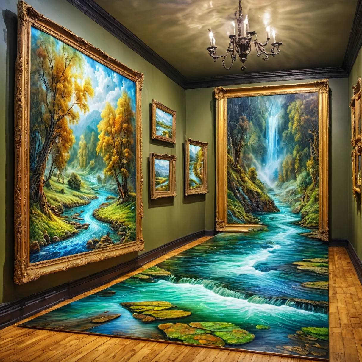 8K, Ultra HD, HDR, Intricate details, Practical, photo,

A painting of a river hangs on the wall of an art gallery. Water flows from the painting onto the floor.

Fantasy style, Fantasy Art. rural. 

Surreal.

