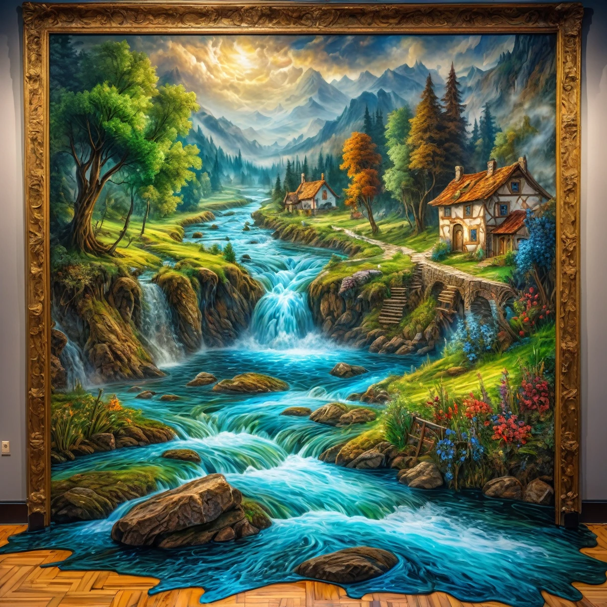 8K, Ultra HD, HDR, Intricate details, Practical, photo,
A painting of a river hangs on the wall of an art gallery. Water flows from the painting onto the floor.
Fantasy style, Fantasy Art. rural.
Surreal.