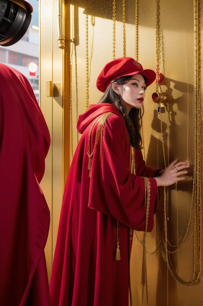 A wizard in red robe and red hat, dripping in gold chains, spray-painting a wall, viewed from a security camera angle, high quality, 8k, photorealistic, masterpiece, detailed description, vibrant colors, dramatic lighting, cinematic composition