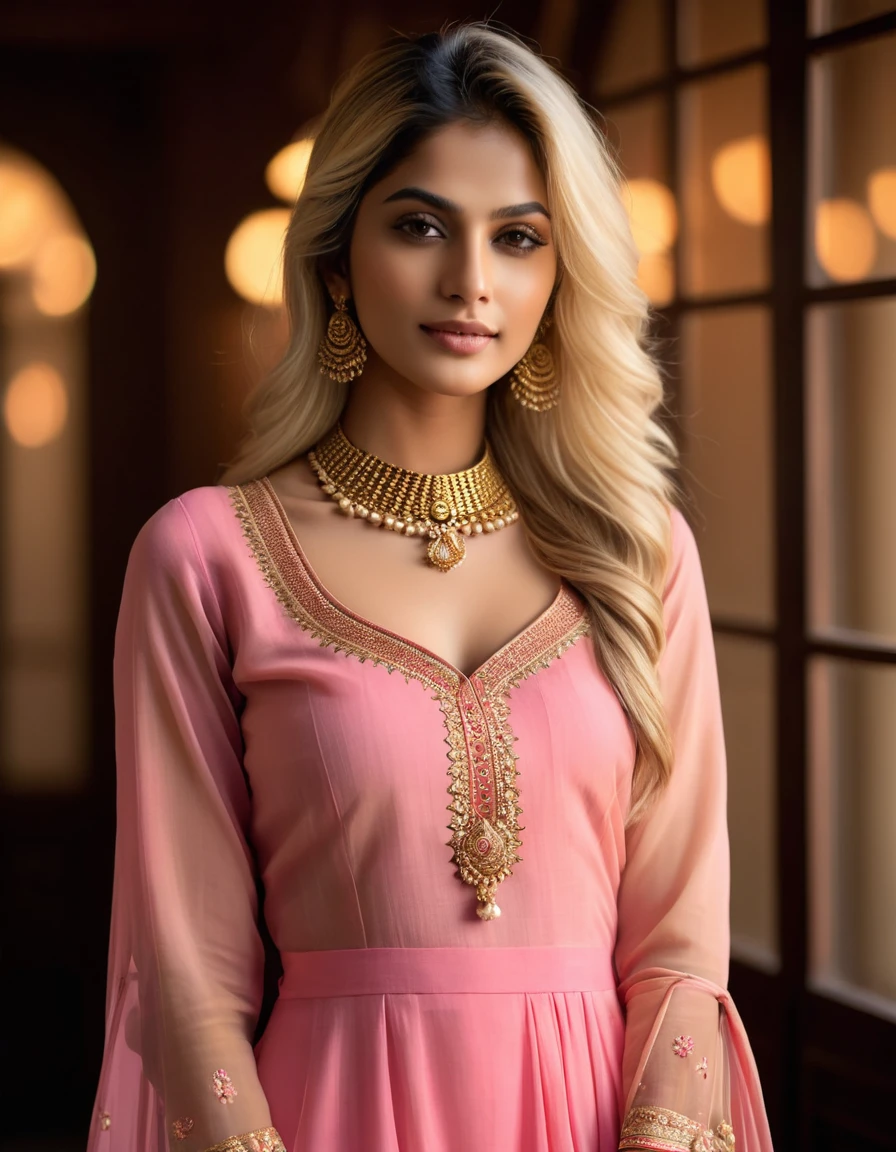 very attractive 25 year old with long platinum blonde hair. In this photograph, a female model in her mid-20s takes center stage. (highly detailed face:1.4) (smile:0.7) (background 5-star hotel, moody, private study:1.0V, by Lee Jeffries, Nikon D850, film stock photograph, 4 Kodak Portra 400, camera f1.6 lens, rich colors, hyper-realistic, lifelike texture, dramatic lighting, Cinestill 800, realistic). She is wearing an elegant pink palazzo suit that blends contemporary style with traditional grace. The suit features a long, flowing kurta with intricate gold embroidery along the neckline, cuffs, and hem. The kurta has a sweetheart neck and short, puff sleeves, adding a touch of romantic charm. The tie-up detail on the back and the fit-and-flare design enhance the silhouette, providing a flattering look.
The palazzo pants are made from soft, lightweight chiffon fabric in a matching pink hue, offering a comfortable and stylish fit. The wide-legged pants create a beautiful drape and movement, perfect for a modern yet traditional ensemble.
Completing the aesthetic, the model wears a delicate slave collar with a chain around her neck, adding an edgy contrast to the elegant outfit. The photograph is meticulously captured in 8K resolution using cutting-edge techniques such as Cinema 4D and Octane Render, resulting in a highly detailed and photorealistic image. Studio lighting, HDR, and a smoky mist create a captivating ambiance, while the bokeh effect adds an artistic touch.