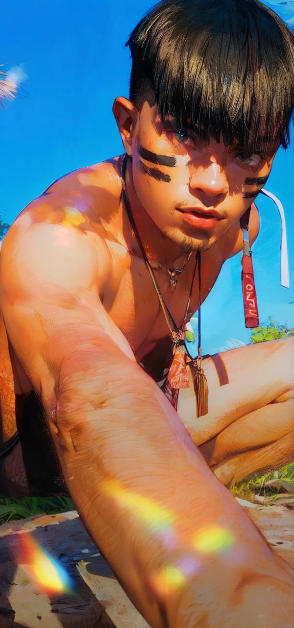 ((best quality)), ((work of art)), (detailed), perfect face, dark green eyes, dark skin, green hair, medium hair, young, boy, on the jungle.