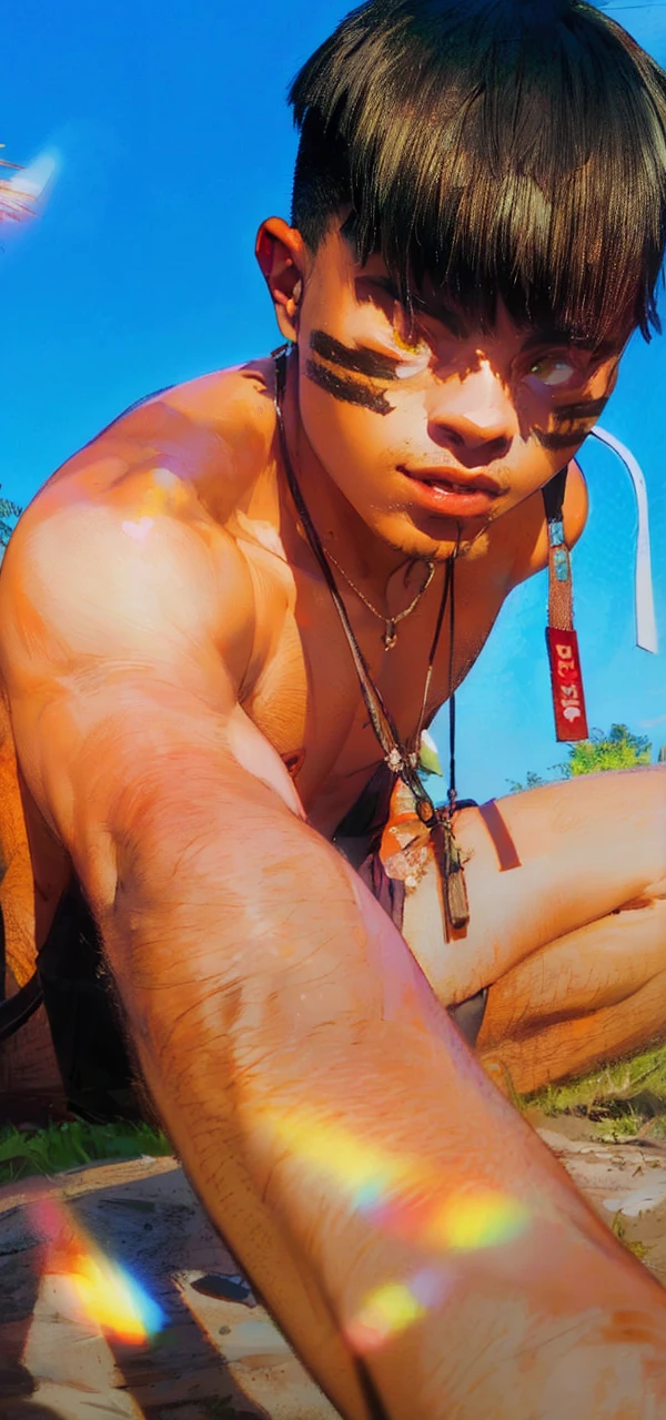 ((best quality)), ((work of art)), (detailed), perfect face, dark green eyes, dark skin, green hair, medium hair, young, boy, on the jungle.