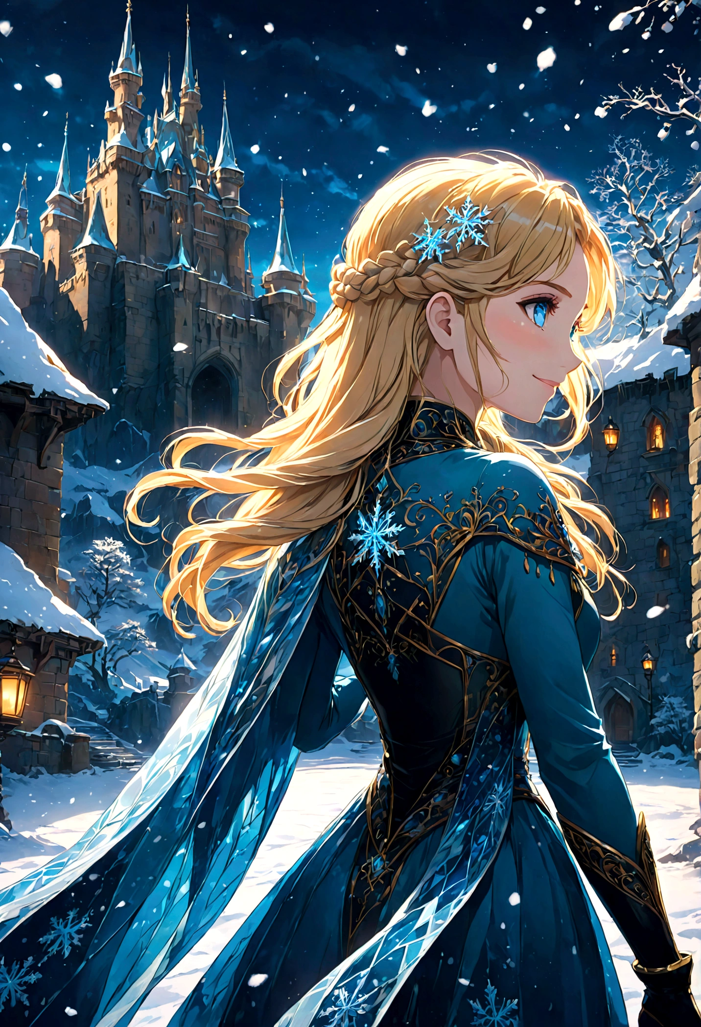 1girl, elsa (frozen), braid, blonde hair, single braid, dress, cape, makeup, long hair, hair over shoulder, smile, solo, blue eyes, fur trim, (Back View:1.4), outdoor, castle, snow, snowflake, winter, anime screenshot, source_anime, dramatic composition, cinematic dynamic action scene, vibrant colors, cinematic lighting, dramatic lighting, best quality, masterpiece, very aesthetic, perfect composition, intricate details, ultra-detailed