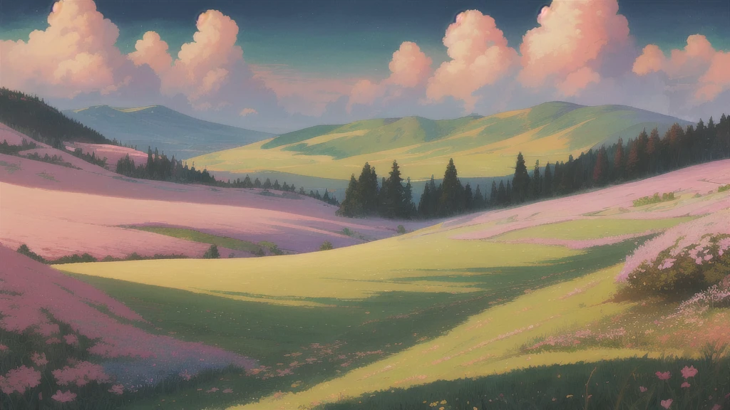 masterpiece, best quality, absurdres, ultra-detailed, intricate, fantasy, pastel artstyle, soft artstyle, landscape, scenery, magic, serene, beautiful, painted clouds, grassy field, dark_fantasy, vignette