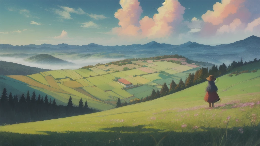 masterpiece, best quality, absurdres, ultra-detailed, intricate, fantasy, pastel artstyle, soft artstyle, landscape, scenery, magic, serene, beautiful, painted clouds, grassy field, dark_fantasy, vignette