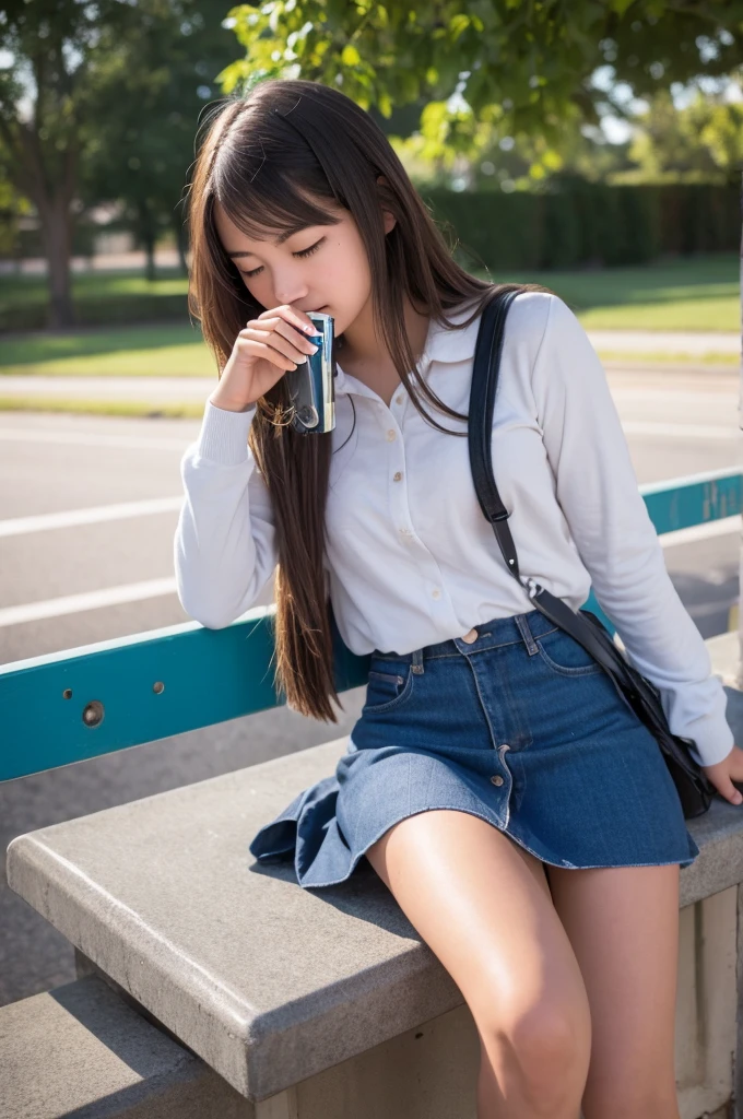 High school girl crushing an empty can　Photograph the whole body