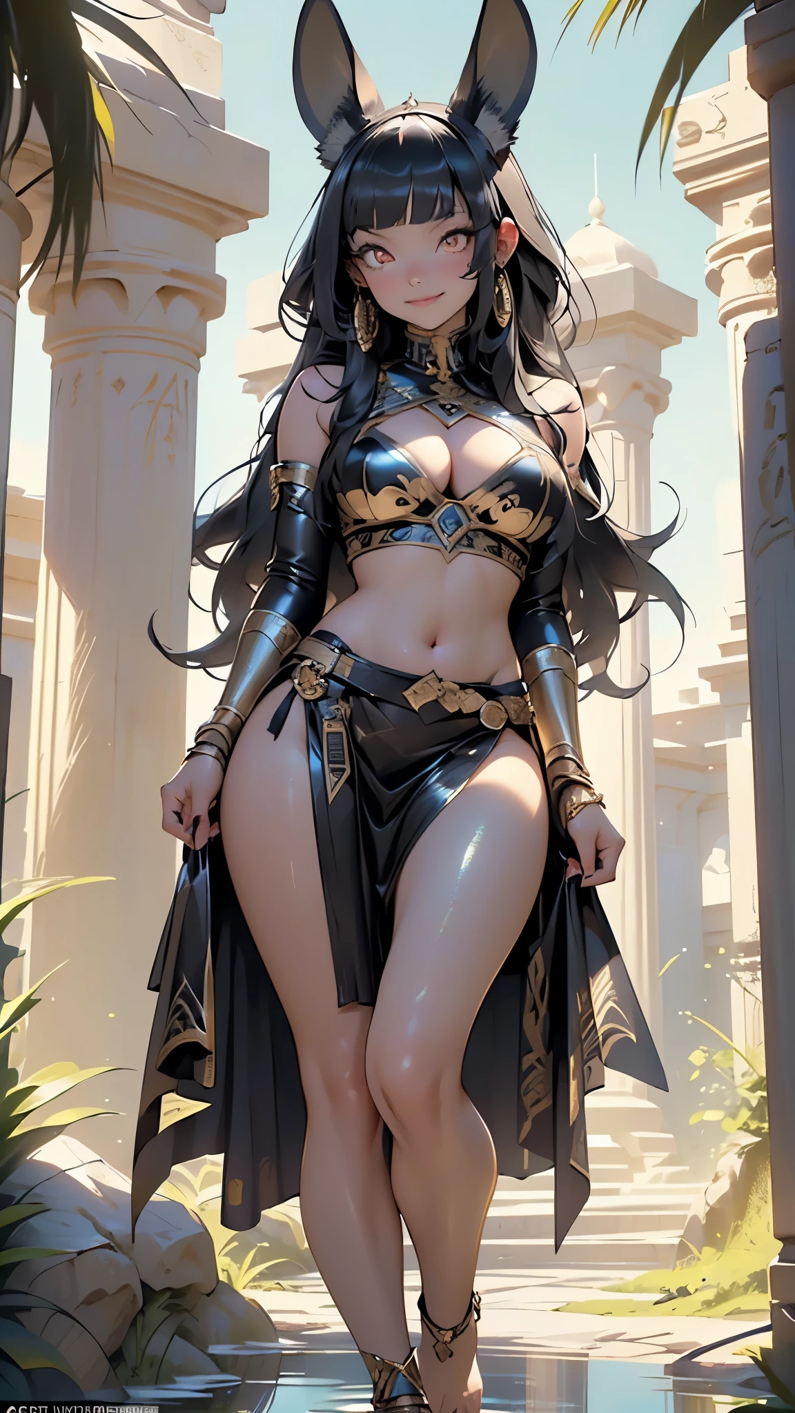 girl from ancient Egypt,1girl,
((((anubis ears:1.5,anubis girl:1.5,anubis,anthro)))),(large breasts:1.5),saggy breasts,(((long hair, Cleopatra cut hair, black hair))),(((red_eyes:1.3))),intricate eyes,beautiful detailed eyes,symmetrical eyes,big eyes:1.5((((dark skin:1.4,lustrous skin:1.5,bright skin: 1.5,skin tanned,shiny skin,very shiny skin,shiny body)))),(spider lower abdomen,narrow waist,wide hip,inflated legs,thick thighs),(((detailed face))),beautiful detailed lips,
(cute,slutty,sensual,seductive look,seductive,((erotic)),opulent,sumptuous,(((nsfw)))),
revealing clothing,show skin,cleavage,(barefoot),Egyptian jewelry, (belly button),( jeweled black leather skirt,ornaments skirt), (Anubis armor, Anubis stone ears),(vary ornaments in legs),
dynamic and seductive pose,looking at viewer,(smirk,beautiful smile),centered,scale to fit dimensions,Rule of thirds,
outdoors,pillars,((pillars background,egyptian palace,egyptian palace background,pyramids in the background)),scenery,extremely scenery,(puddles everywhere,moss,moss on the background), Egypt style,Egypt castle,lily pads,palms,(sunset, golden hour),
(Glossy Egyptian ornaments),highres,sharp focus,(ultra detailed,extremely detailed),(photorealistic artwork:1.37),(extremely detailed CG unity 8k wallpaper),(((vibrant colors,vibrant theme))),(intricate),(masterpiece),(best quality),artistic photography,(photography taken by sldr),(intricate background),perfect rendered face,perfect face details,realistic face,photo realistic,((intricate detail)),(((realism))),