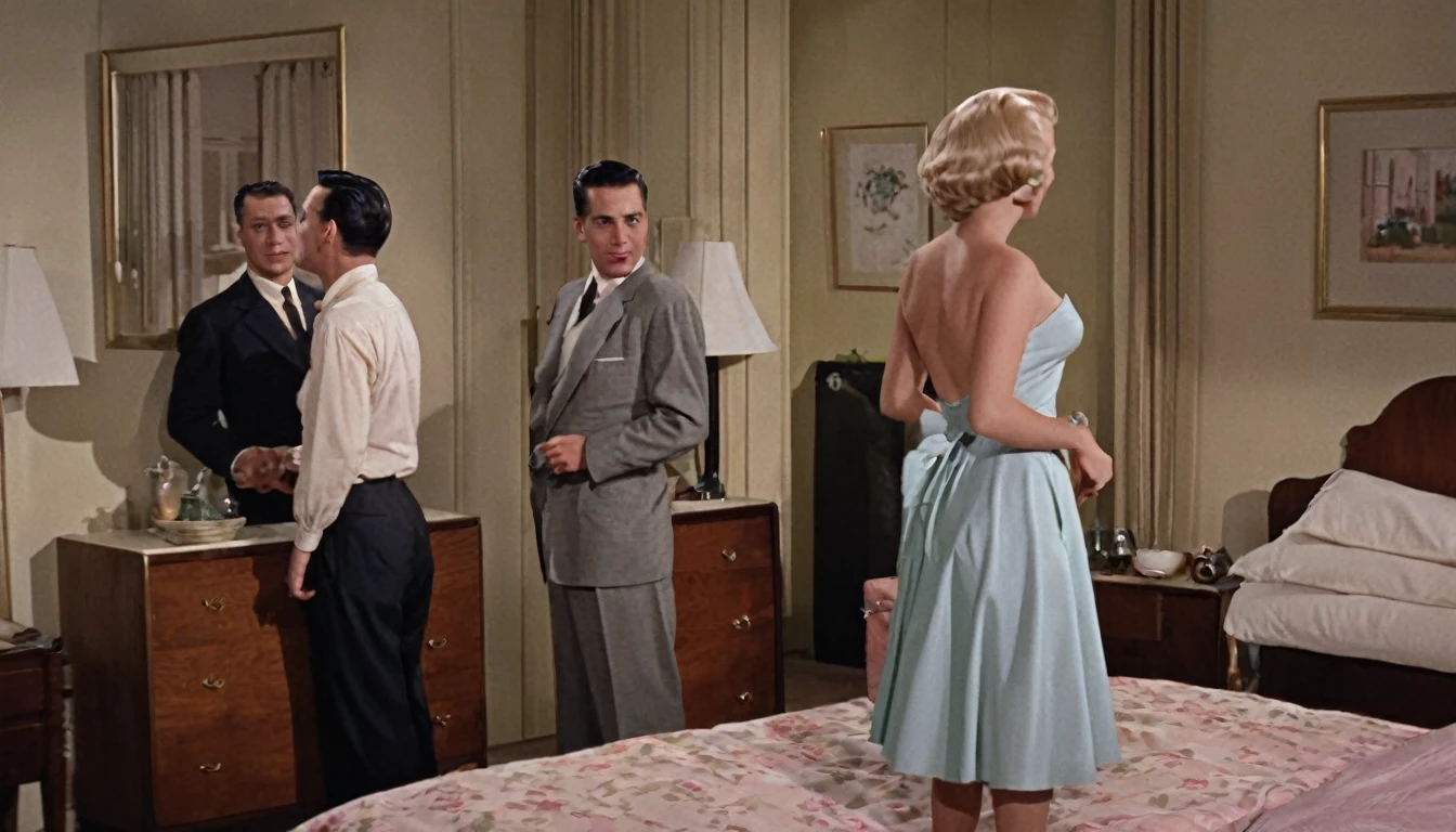 (RAW, Best quality, high resolution, Masterpiece: 1.3), Beautiful scene from the 1950s, ((Hombres y mujeres de los 50s)), ((With typical clothes from the 50s)), enjoying themselves at home in a luxuary Bedroom, ((scenery set in a very big bedroom)), 1950s cinematic, image super defined, ((Personas y lugar Hiperrealismo)), 8k. The scene transports us back to the era of the 1950s, filled with classy women dressed in the fashion of that time. They are gathered around a nude blonde woman,the girls are wearing typical clothes from the 50s, low cut dresses, and sexy underwear,