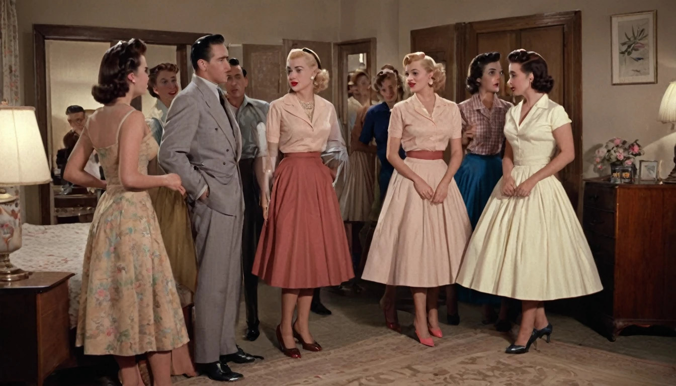 (RAW, Best quality, high resolution, Masterpiece: 1.3), Beautiful scene from the 1950s, ((Hombres y mujeres de los 50s)), ((With typical clothes from the 50s)), enjoying themselves at home in a luxuary Bedroom, ((scenery set in a very big bedroom)), 1950s cinematic, image super defined, ((Personas y lugar Hiperrealismo)), 8k. The scene transports us back to the era of the 1950s, filled with classy women dressed in the fashion of that time. They are gathered around a nude blonde woman,the girls are wearing typical clothes from the 50s, low cut dresses, and sexy underwear,