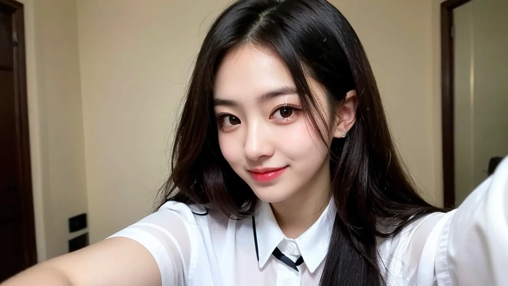 Selfie, Hair above the eyes, smile, Wearing a formal shirt,, girl,45 years old,
slender girl with Oval face shape,high cheekbones,Thin Nose,Fuller lips,Sharp jawline,
Beautiful round eyes,long and thick eyelash,Eye color is black or dark brown,Kind and bright eyes,
Straight long hair,Dark brown hair,Center part style with no bangs,Usually loosely、Or wear it in a low ponytail,
Small breasts,Tight waist,, , masterpiece, (highest quality:1.2), [:Intricate details:0.2],