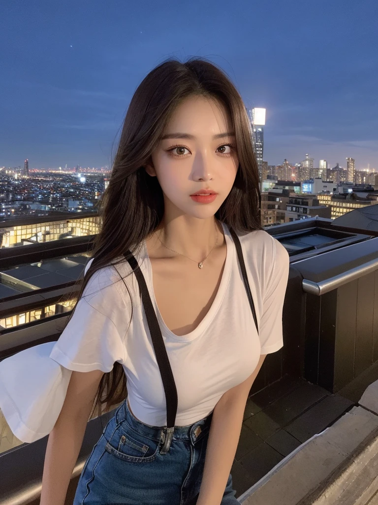 ((Midnight, Best quality, 8k, Masterpiece :1.3)), Whole body, Long legs, Sharp focus :1.2, A pretty woman with perfect figure :1.4, Slender abs :1.1, ((Dark brown hair, Big breasts :1.2)), (White tight tshirt, Jean bib, Standing:1.2), ((Night city view, Rooftop:1.3)), Highly detailed face and skin texture, Detailed eyes, Double eyelid