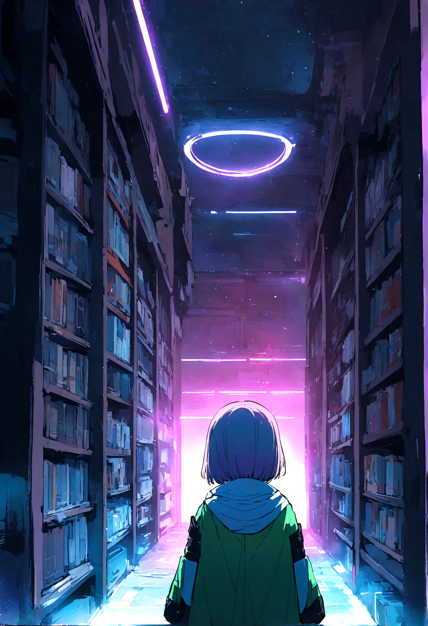 biblioteca futurista gigante com milhares de livros. A cyberpunk in the center of the Library looking in wonder