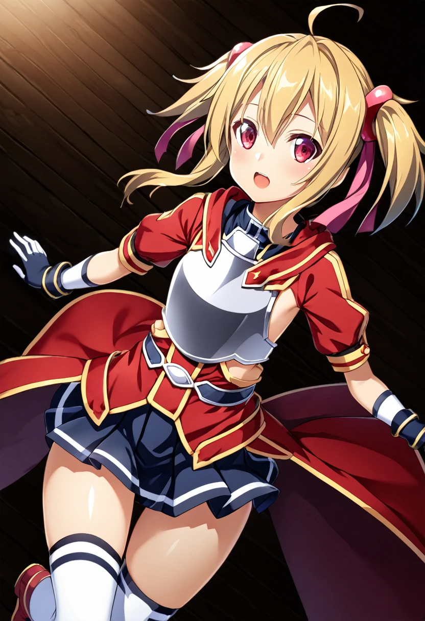 highest quality、unity 8k wallpaper、32k、masterpiece、Very detailed、Ultra-high resolution、　Magical Tamer Silica、Silica(sao)、Silver Breastplate、Half Sleeve、Pleated skirt、Bridal Gauntlet、Gloves、Long socks up to the thighs、High cut boots、A large ribbon with a large brooch on the chest、Hair Ribbon、