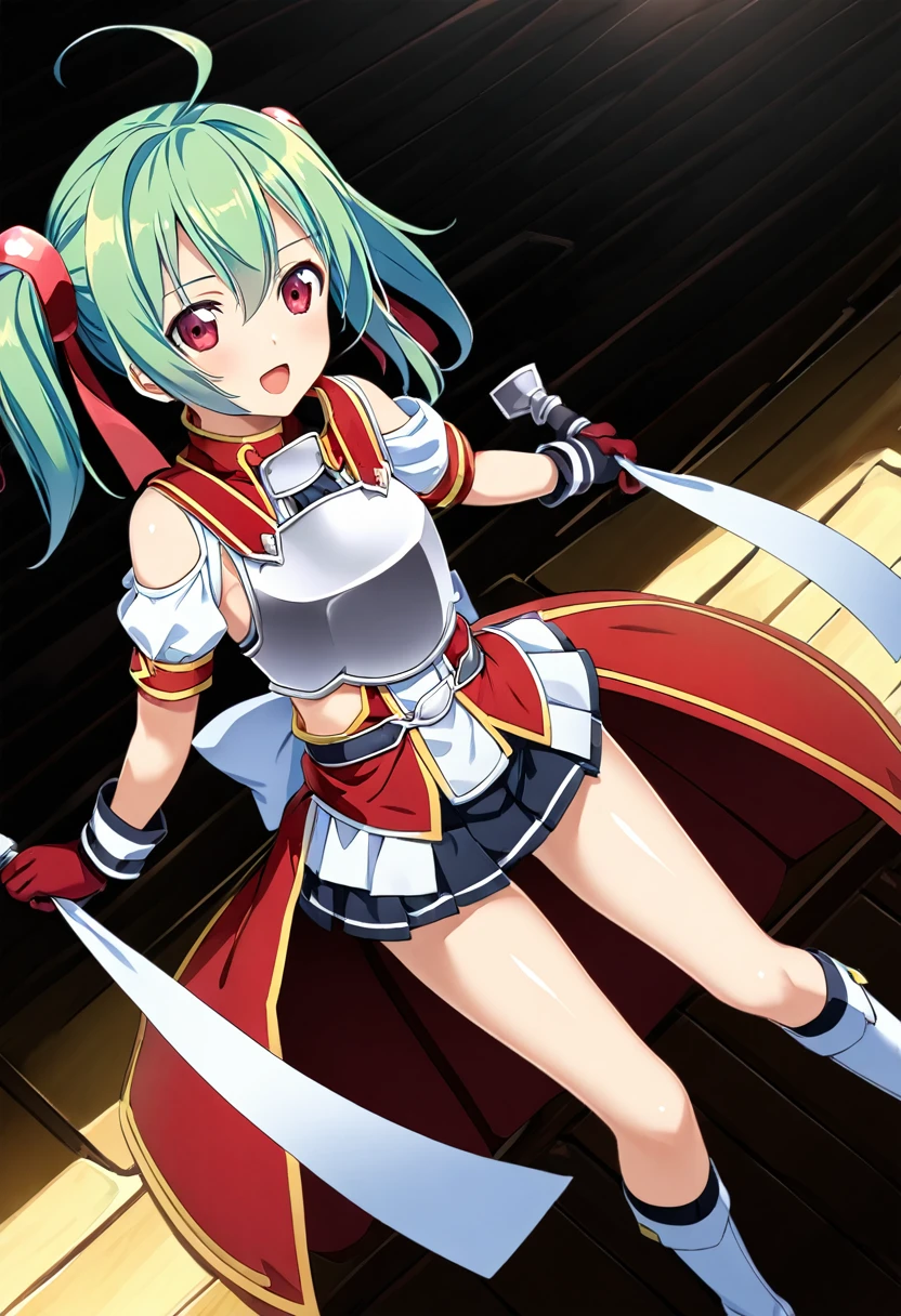 highest quality、unity 8k wallpaper、32k、masterpiece、Very detailed、Ultra-high resolution、 Magical Tamer Silica、Silica(sao)、Silver Breastplate、Half Sleeve、Pleated skirt、Bridal Gauntlet、Gloves、Long socks up to the thighs、High cut boots、A large ribbon with a large brooch on the chest、Hair Ribbon、