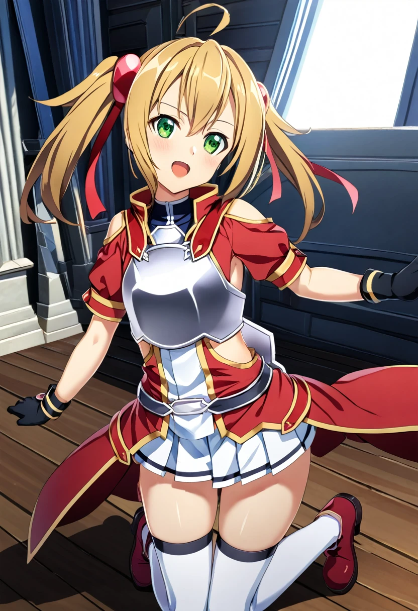 highest quality、unity 8k wallpaper、32k、masterpiece、Very detailed、Ultra-high resolution、 Magical Tamer Silica、Silica(sao)、Silver Breastplate、Half Sleeve、Pleated skirt、Bridal Gauntlet、Gloves、Long socks up to the thighs、High cut boots、A large ribbon with a large brooch on the chest、Hair Ribbon、