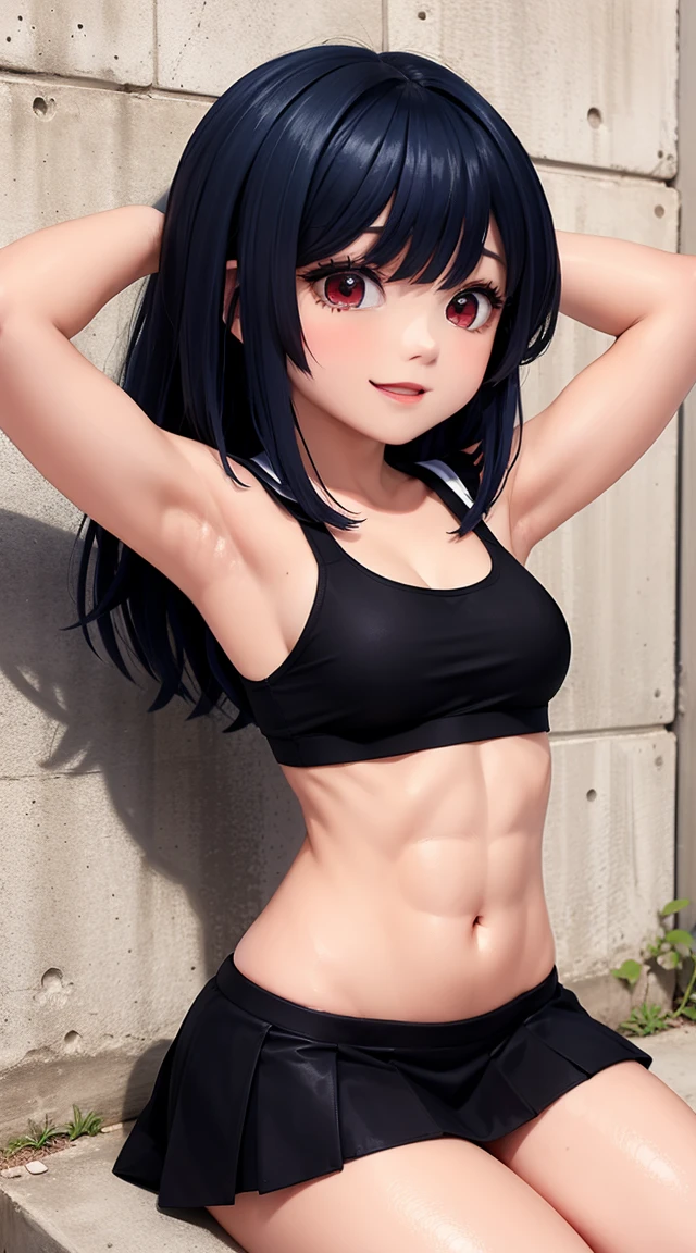 (cabello despeinado), (illustration), retrato, (fondo de ciudad futurista), (arms behind back), Cintura delgada, gran sonrisa, abdominales fuertes, chica delgada, strong abs, muscle girl, front pose, big thighs, focus on face, flat chested, large city background, blue hair, red eyes, skirt, sit on rock, detailed vagina, nude, sailor suit
