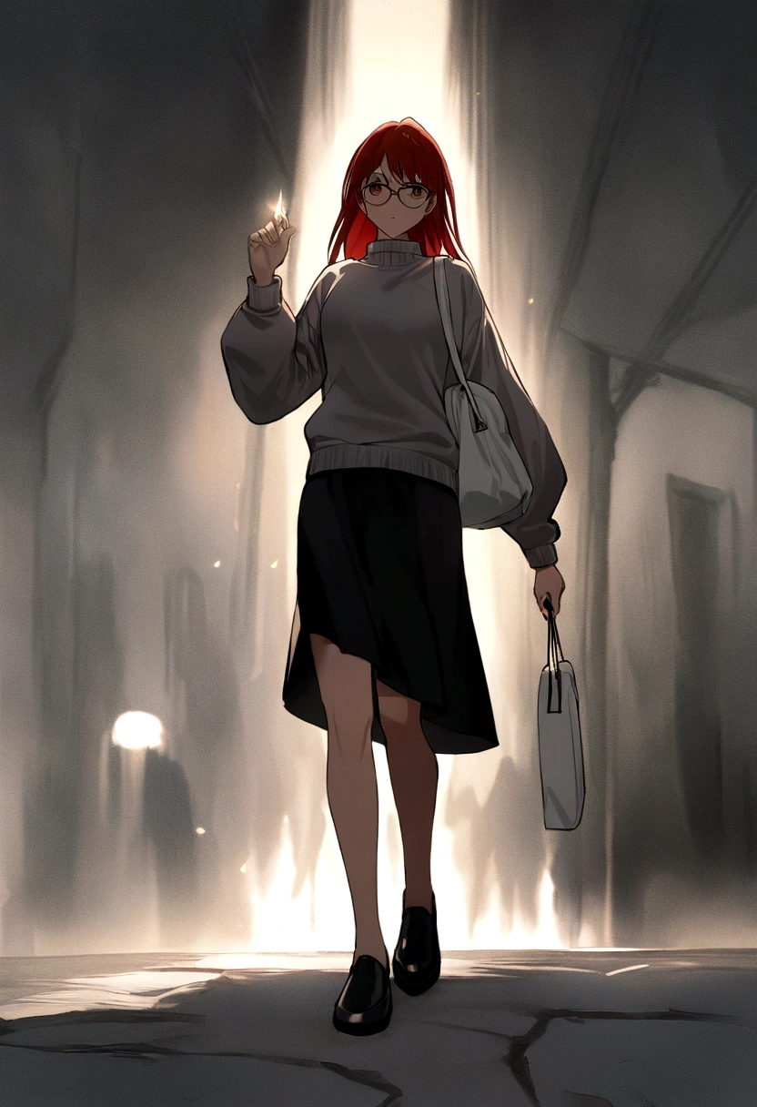 Jujutsu kaisen full body female anime character. She has _red____ hair. She has brown eyes. She is wearing a grey sweater ___ with black skirt and black moccasin_ shoes. She is holding _a white bag_____ on one hand while the other is in his pocket. She also has _glasses.