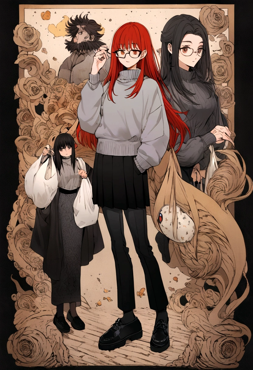 Jujutsu kaisen full body female anime character. She has _red____ hair. She has brown eyes. She is wearing a grey sweater ___ with black skirt and black moccasin_ shoes. She is holding _a white bag_____ on one hand while the other is in his pocket. She also has _glasses.