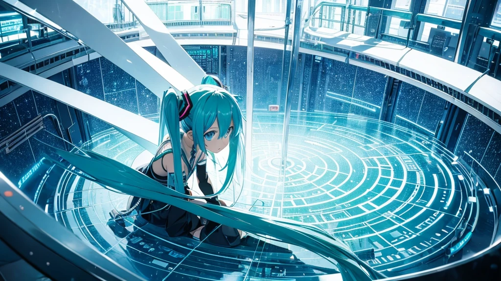 An image depicting Hatsune Miku traveling through the labyrinth of doubt。She&#39;s fighting the shadows、Moving towards hope for the future。With a thunderous bass line in the background、There is a bright light that represents hope.、It expresses a powerful figure that paves the way to the future.。