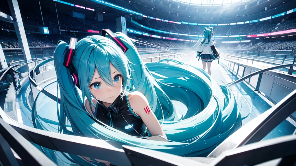 An image depicting Hatsune Miku traveling through the labyrinth of doubt。She&#39;s fighting the shadows、Moving towards hope for the future。With a thunderous bass line in the background、There is a bright light that represents hope.、It expresses a powerful figure that paves the way to the future.。