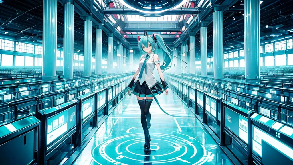 An image depicting Hatsune Miku traveling through the labyrinth of doubt。She&#39;s fighting the shadows、Moving towards hope for the future。With a thunderous bass line in the background、There is a bright light that represents hope.、It expresses a powerful figure that paves the way to the future.。