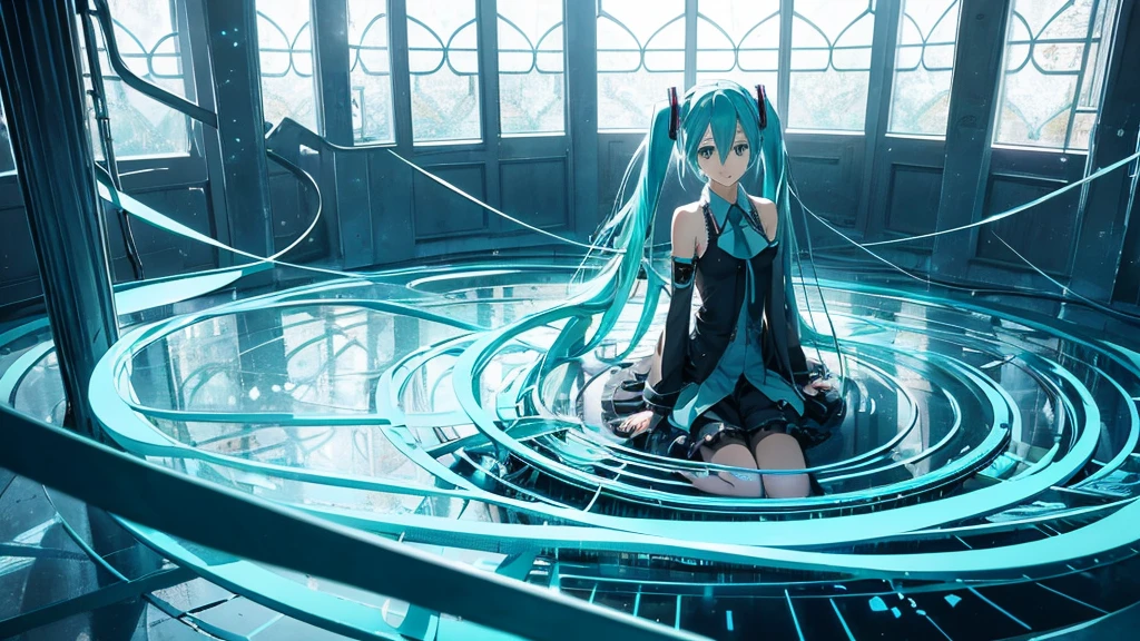 An image depicting Hatsune Miku traveling through the labyrinth of doubt。She's fighting the shadows、Moving towards hope for the future。With a thunderous bass line in the background、There is a bright light that represents hope.、It expresses a powerful figure that paves the way to the future.。
