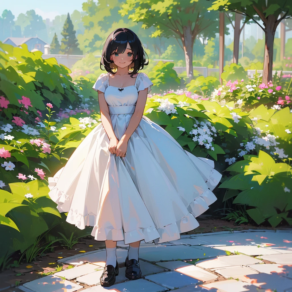 (high quality, High resolution, Very detailed, reality:1.37), Peaceful atmosphere, (Outdoor, garden),  girl standing alone, (my breasts are big.), Beautiful details, Cute Smile, (Black bob hair), White camisole dress, White socks, loafers.