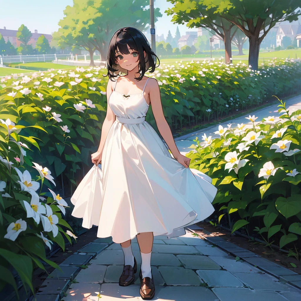 (high quality, High resolution, Very detailed, reality:1.37), Peaceful atmosphere, (Outdoor, garden), age girl standing alone, (my breasts are big.), Beautiful details, Cute Smile, (Black bob hair), White camisole dress, White socks, loafers.