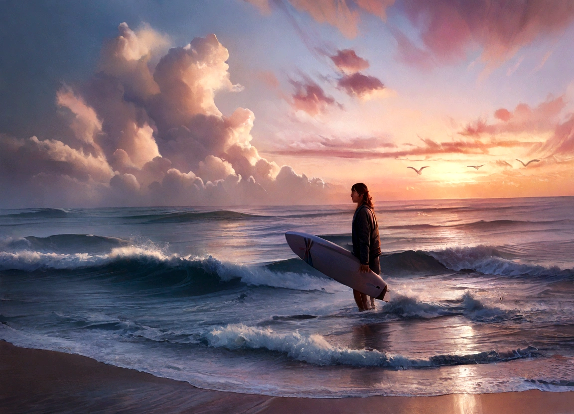 (highest quality,4K,8k,High resolution,masterpiece:1.2),Super detailed,(Realistic,photoRealistic,photo-Realistic:1.37),Bright and vibrant colors,Ocean,Beach,sunrise,Morning light,waves crashing,surfboard,Seagull,Fresh breeze,Silhouette of a lonely person,Peaceful atmosphere,Serene beauty,Splash,Soft golden hue,Calm waves紋,Calm waves(1.1),Sparkling Reflection,Quiet landscape,Orange and pink sky,Beautifully drawn clouds,Tranquility,happiness,Tranquility,The sound of waves,Moments of relaxation