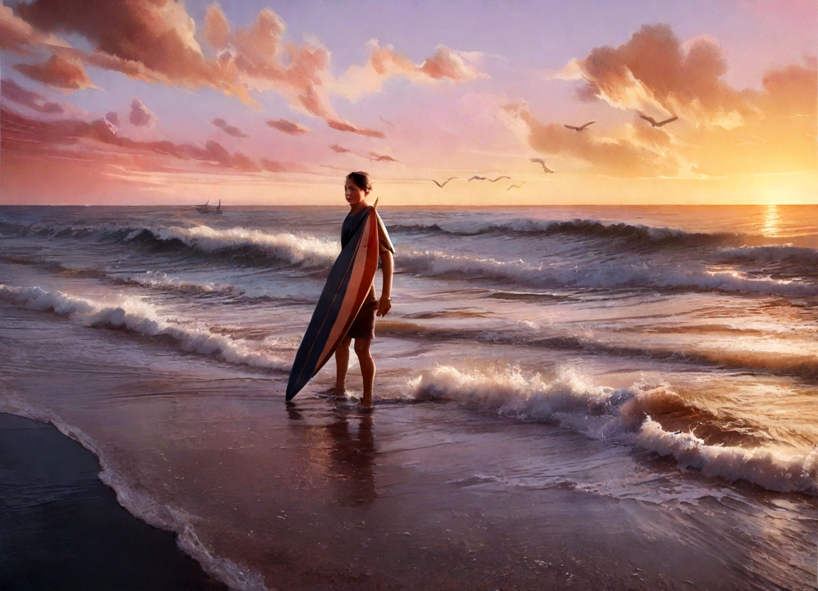 (highest quality,4K,8k,High resolution,masterpiece:1.2),Super detailed,(Realistic,photoRealistic,photo-Realistic:1.37),Bright and vibrant colors,Ocean,Beach,sunrise,Morning light,waves crashing,surfboard,Seagull,Fresh breeze,Silhouette of a lonely person,Peaceful atmosphere,Serene beauty,Splash,Soft golden hue,Calm waves紋,Calm waves(1.1),Sparkling Reflection,Quiet landscape,Orange and pink sky,Beautifully drawn clouds,Tranquility,happiness,Tranquility,The sound of waves,Moments of relaxation