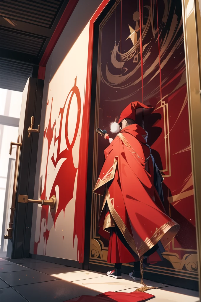 A wizard in red robe and red hat, dripping in gold chains, spray-painting a wall, viewed from a security camera
