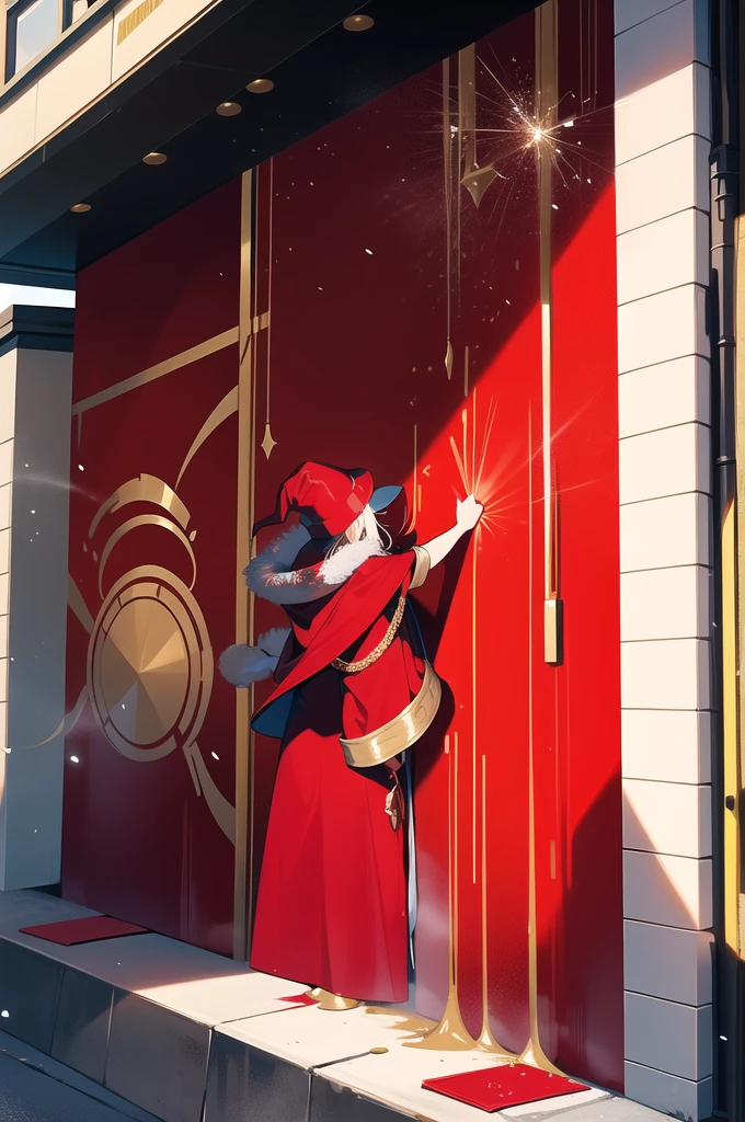 A wizard in red robe and red hat, dripping in gold chains, spray-painting a wall, viewed from a security camera