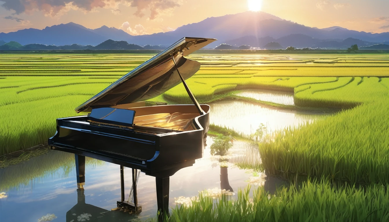 A grand piano in the Japanese countryside、In the background, rice fields are planted.、The sky is a piercing blue.、Makoto Shinkai style touch、A grand piano placed on the bank in front of the rice fields、The piano is not submerged in water.、A grand piano placed beside a rice field