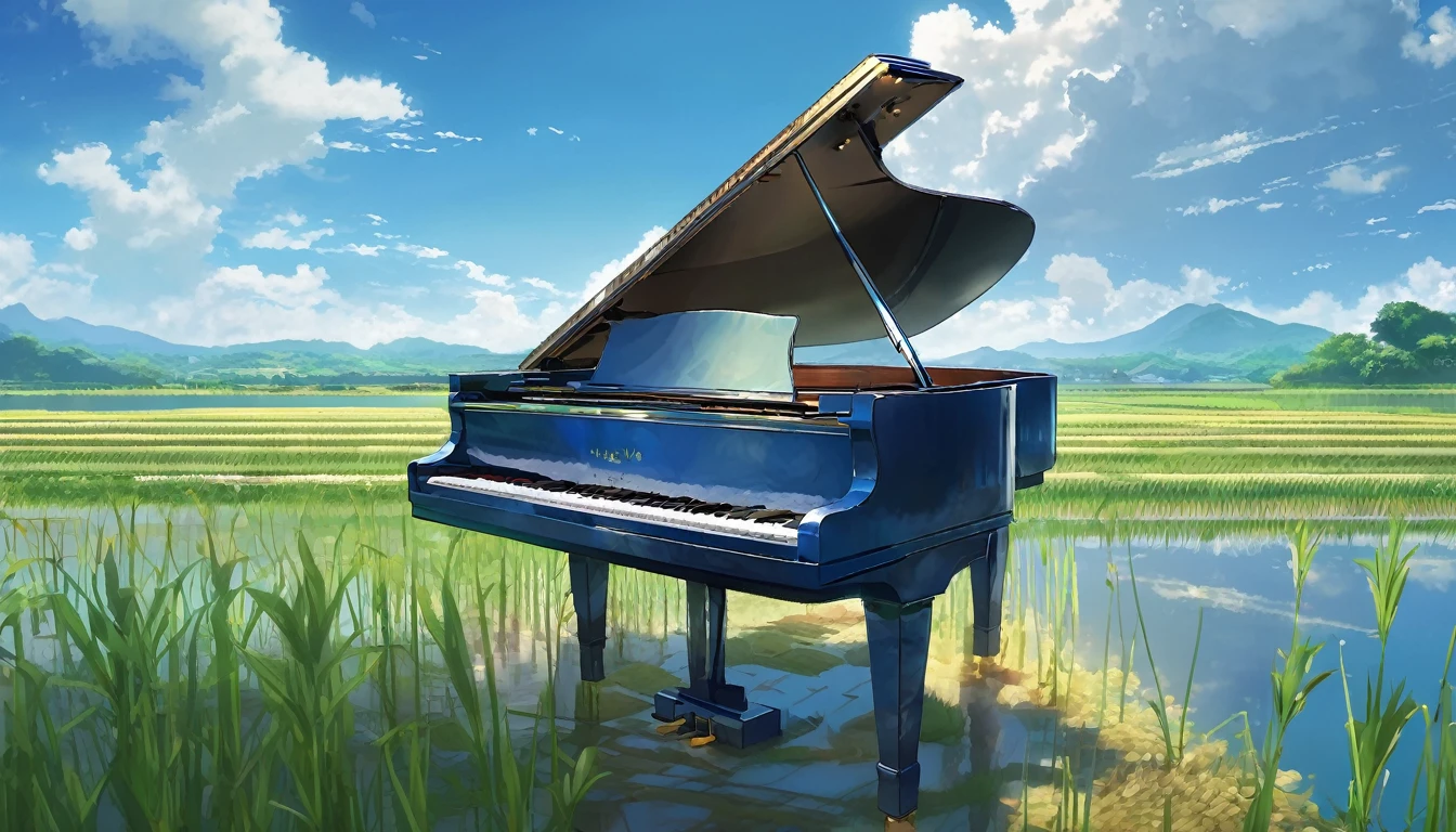 A grand piano in the Japanese countryside、In the background, rice fields are planted.、The sky is a piercing blue.、Makoto Shinkai style touch、A grand piano placed on the bank in front of the rice fields、The piano is not submerged in water.、A grand piano placed beside a rice field