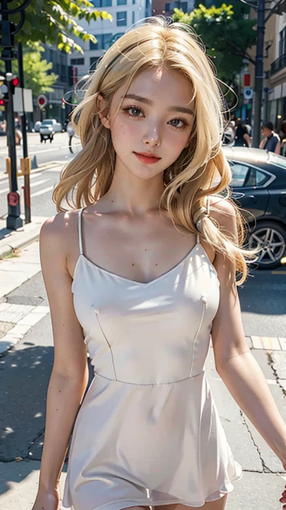 best quality, masterpiece, highres, 1girl, white flared chiffon short dress, smile, closed mouth,lips, blonde long hair, detailed beautiful eyes,detailed eyelash, Beautiful face,upon_body, tyndall effect,photorealistic, rim lighting, two tone lighting,(high detailed skin:1.2), 8k uhd, dslr, soft lighting, high quality, volumetric lighting, candid, Photograph, high resolution, 4k, 8k, Bokeh, in downtown, afternoon