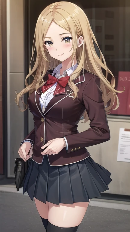 ((masterpiece)),(best quality),official art,extremely delicate and beautiful,extremely detailed CG,unity 8k wallpaper,ultra detailed,beautiful detailed eyes,extremely detailed face,outdoors,1girl,solo,cowboy shot,looking at viewer,facing viewer,smile,Kuhouin Arisa,long wavy blond hair,sidelocks,parted bangs,brown eyes,,blazer,black jacket,wing collar,red bowtie,white shirt,collared shirt,long sleeves,large breasts,buttons,miniskirt,black skirt,pleated skirt,black thighhighs,loafers,black footwear,