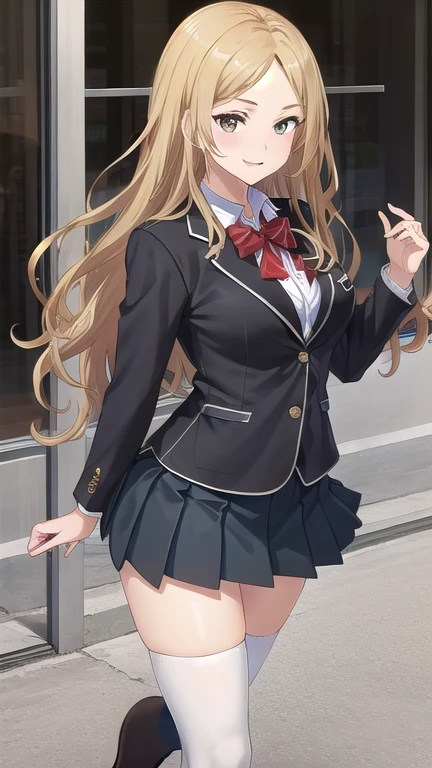 ((masterpiece)),(best quality),official art,extremely delicate and beautiful,extremely detailed CG,unity 8k wallpaper,ultra detailed,beautiful detailed eyes,extremely detailed face,outdoors,1girl,solo,cowboy shot,looking at viewer,facing viewer,smile,Kuhouin Arisa,long wavy blond hair,sidelocks,parted bangs,brown eyes,,blazer,black jacket,wing collar,red bowtie,white shirt,collared shirt,long sleeves,large breasts,buttons,miniskirt,black skirt,pleated skirt,black thighhighs,loafers,black footwear,