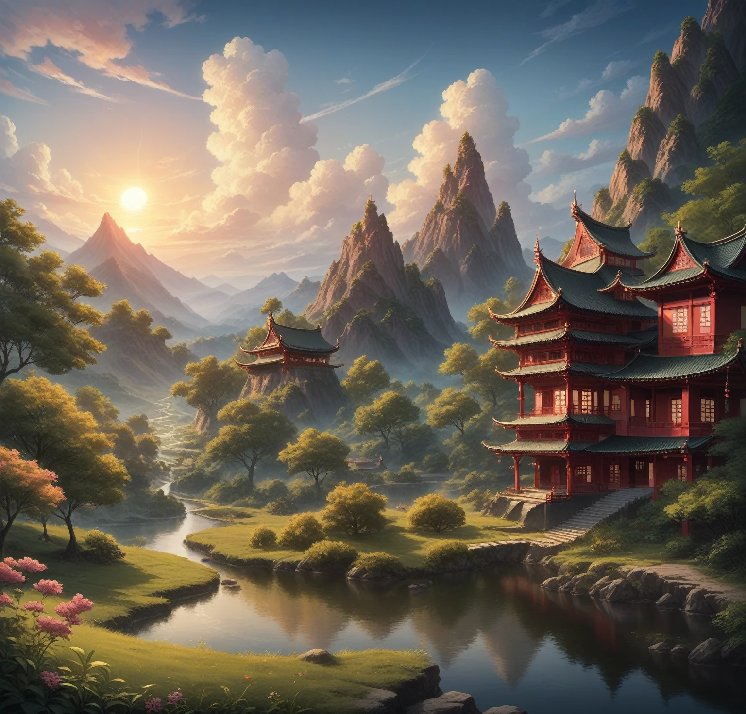 A stunning golden city, beautiful landscape, golden light, sun shining in the sky, detailed oriental house, intricate architecture, lush vegetation, serene pond, magnificent monuments, ornate details, photorealistic, 4k, ultra-detailed, realistic lighting, vibrant colors, cinematic composition, masterpiece