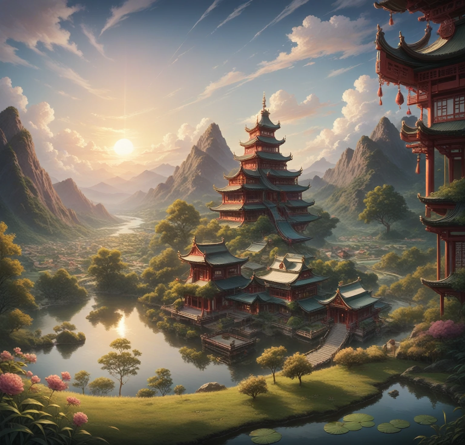 A stunning golden city, beautiful landscape, golden light, sun shining in the sky, detailed oriental house, intricate architecture, lush vegetation, serene pond, magnificent monuments, ornate details, photorealistic, 4k, ultra-detailed, realistic lighting, vibrant colors, cinematic composition, masterpiece