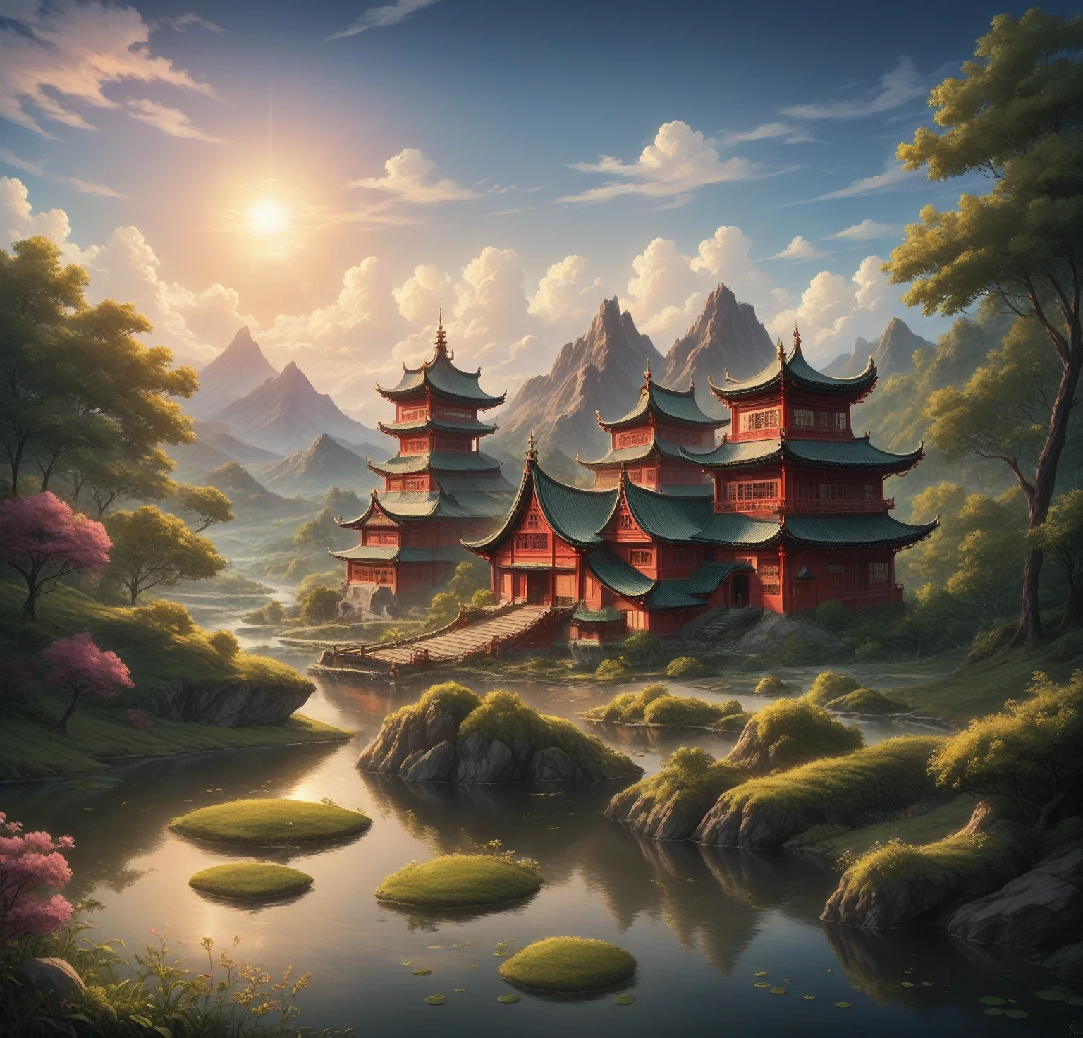 A stunning golden city, beautiful landscape, golden light, sun shining in the sky, detailed oriental house, intricate architecture, lush vegetation, serene pond, magnificent monuments, ornate details, photorealistic, 4k, ultra-detailed, realistic lighting, vibrant colors, cinematic composition, masterpiece