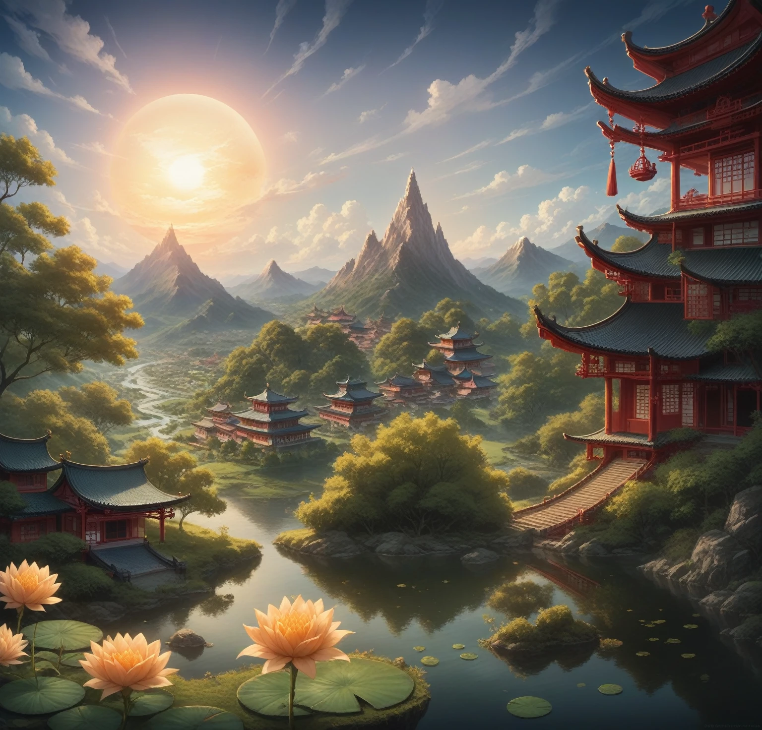 A stunning golden city, beautiful landscape, golden light, sun shining in the sky, detailed oriental house, intricate architecture, lush vegetation, serene pond, magnificent monuments, ornate details, photorealistic, 4k, ultra-detailed, realistic lighting, vibrant colors, cinematic composition, masterpiece