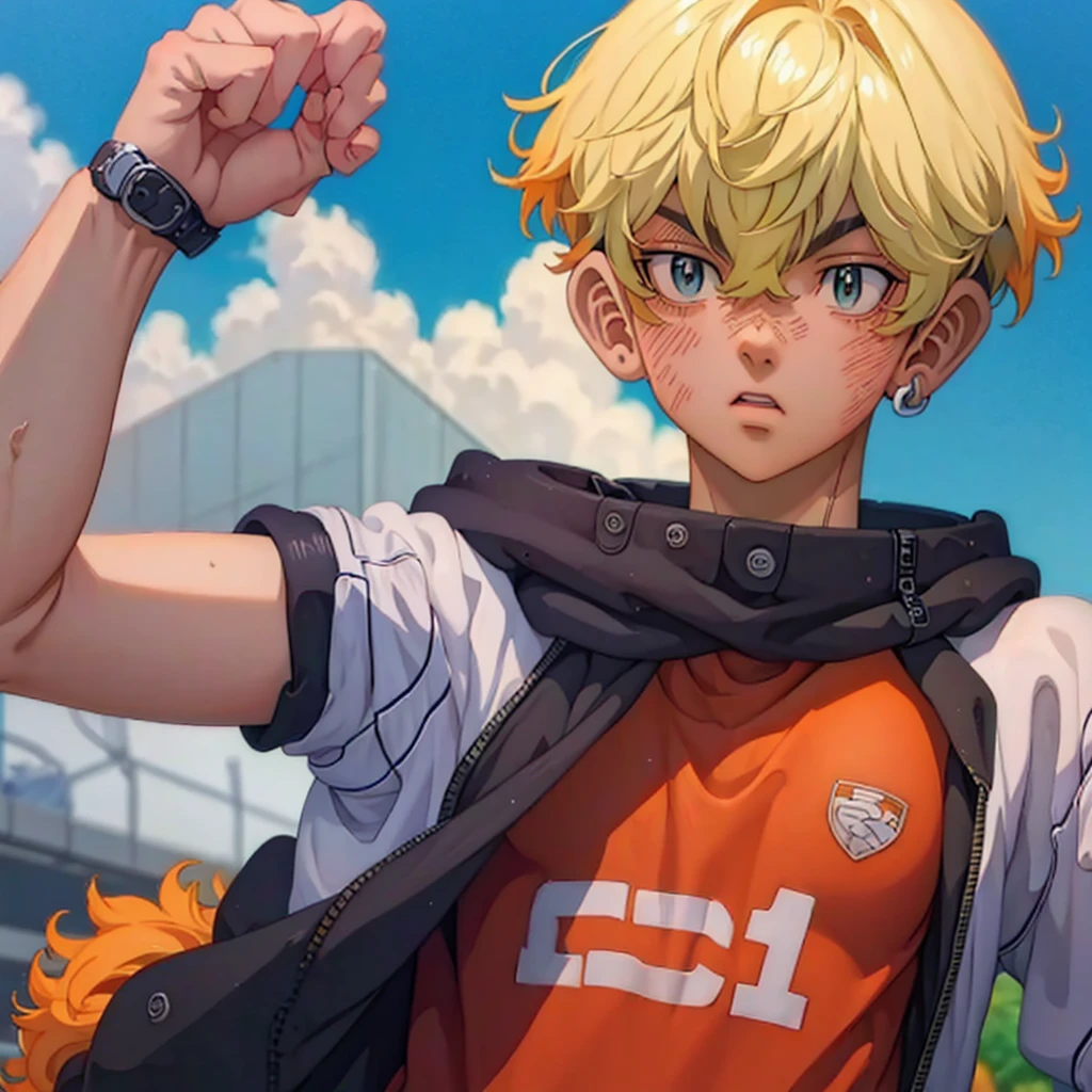 (Obra-prima, melhor qualidade: 1.2) Anime boy, orange hair , soccer uniform, star pupils