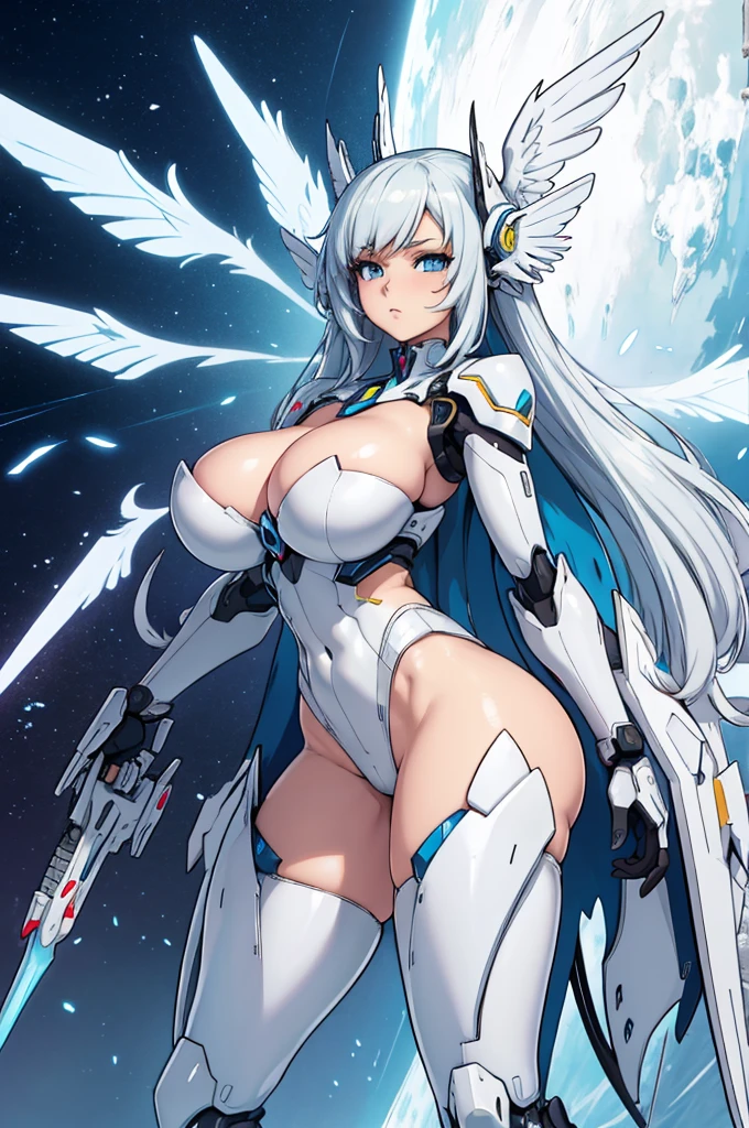 (anime style), (body, full, standing) ((huge breasts)) 1 white futuristic mecha with beautiful appearance, graceful posture, beautiful wings, very long tail
