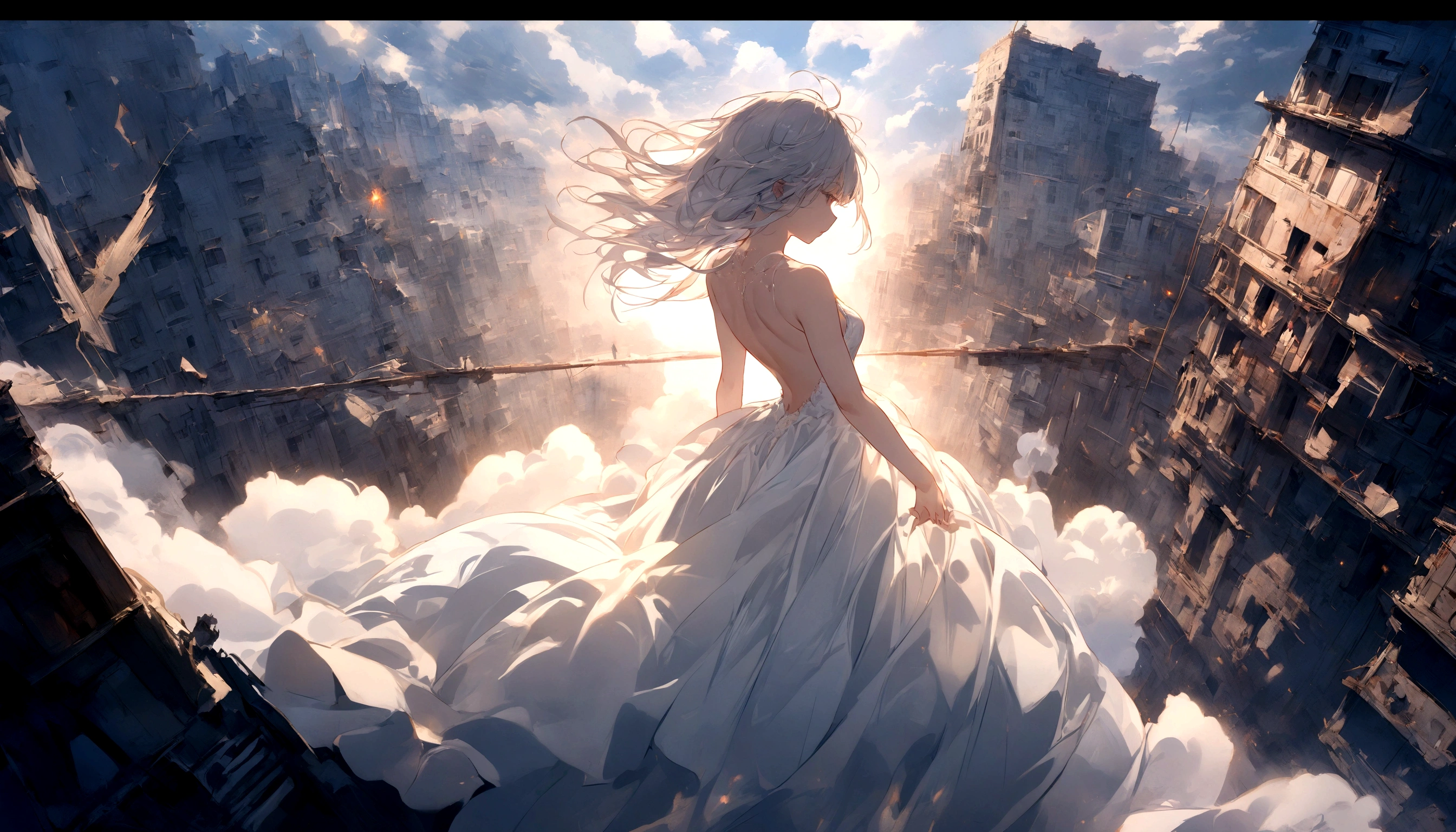 
A (back view:1.5) of a very beautiful female angel\(long platinum hair, wide-backed white dress\), she is spreading her hands wide and gently as if seeking salvation, she is above the clouds looking down on the world below, a fierce war\(sparks flying, many buildings collapsing, nature being destroyed, a magnificent andspectacular scenery\) is taking place below the clouds, BREAK ,quality\(8k,wallpaper of extremely detailed CG unit, ​masterpiece,hight resolution,top-quality,top-quality real texture skin,hyper realisitic,increase the resolution,RAW photos,best qualtiy,highly detailed,the wallpaper,cinematic lighting,ray trace,golden ratio\),[nsfw],dynamic angle,[nsfw],from above
