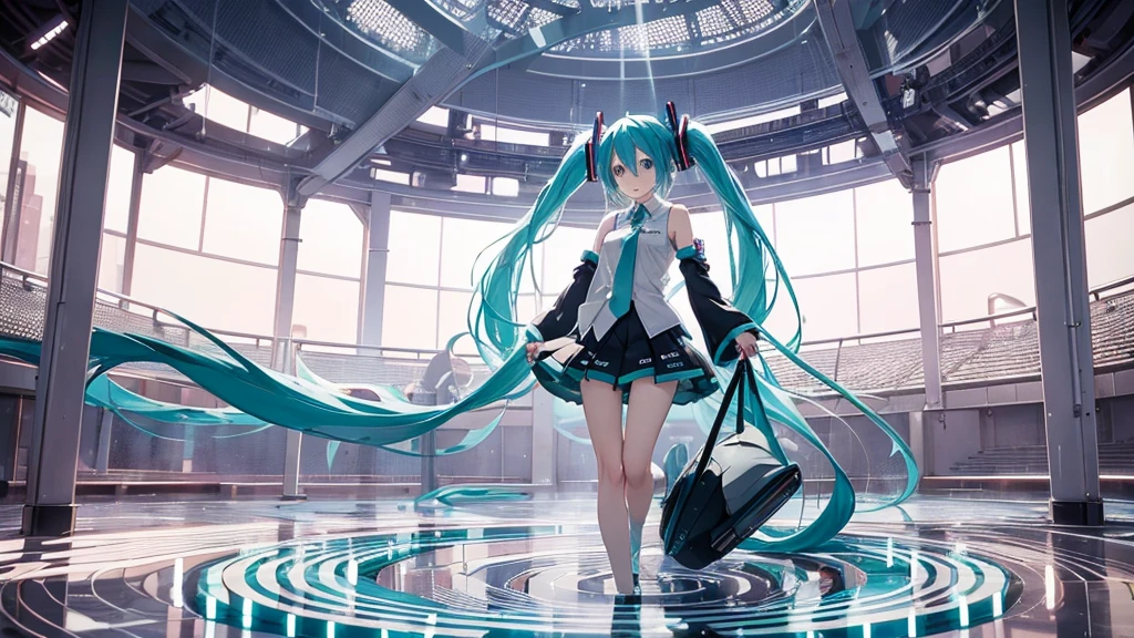 An image depicting Hatsune Miku traveling through the labyrinth of doubt。She's fighting the shadowoving towards hope for the future。With a thunderous bass line in the background、There is a bright light that represents hope.、It expresses a powerful figure that paves the way to the future.。