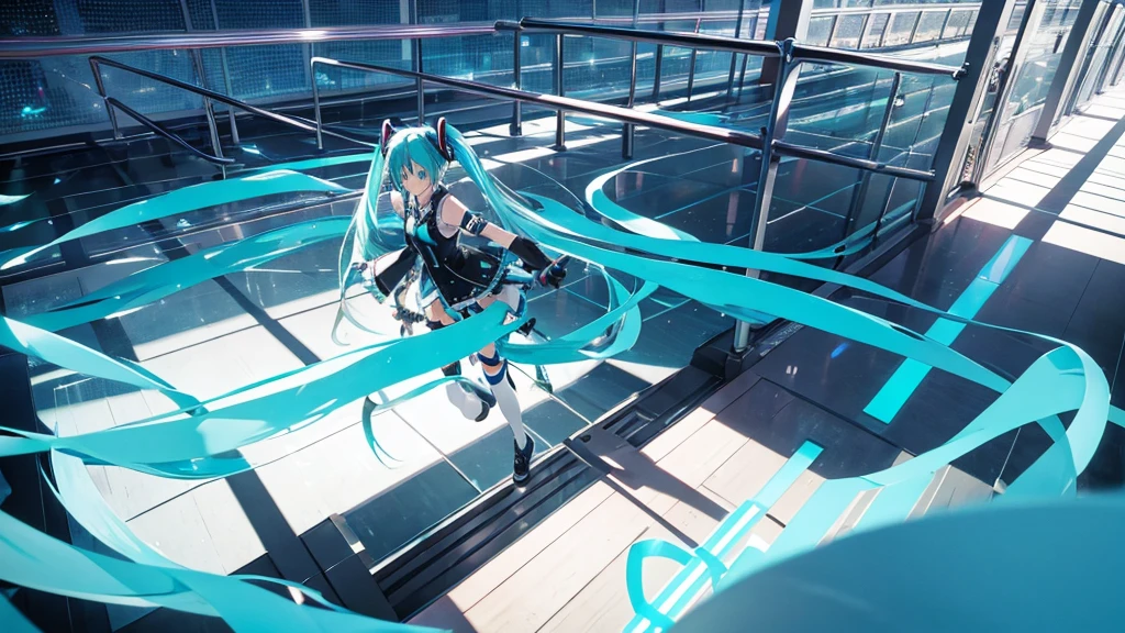 An image depicting Hatsune Miku traveling through the labyrinth of doubt。She's fighting the shadowoving towards hope for the future。With a thunderous bass line in the background、There is a bright light that represents hope.、It expresses a powerful figure that paves the way to the future.。
