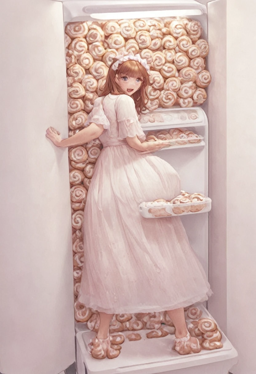 Anthropomorphic cinnamon roll monster girl, ADULT monster girl, cute, Tiny, exiting the refrigerator, gloopy, cinnamon icing slime monster, looks like a woman,