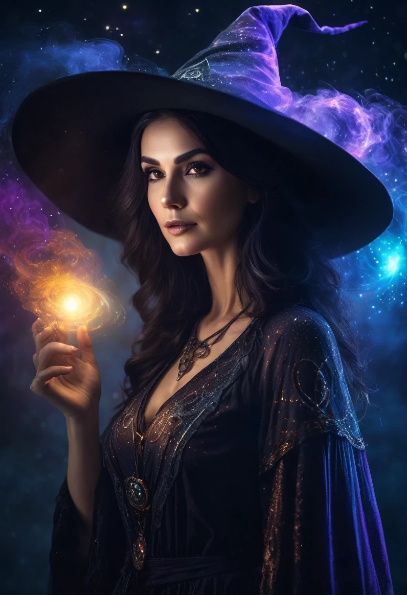 a beautiful woman WITCH  WITH A hat and UNIVERSE,colored lights  the Style-RustMagic, Aum, (atmosfera escura:1.2), (Mist & smoke), (noite escura:1.3), Cicatrizes, (shaggy medium length dark hair:1.1), (sombra:1.1), (brilho lindamente detalhado:1.2), (cinematic lighting), detalhe intrincado, high resolution,